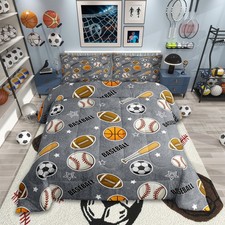 Boys Ball Sports Themed Bedding Set Twin Size Baseball Bat Soccer and America...
