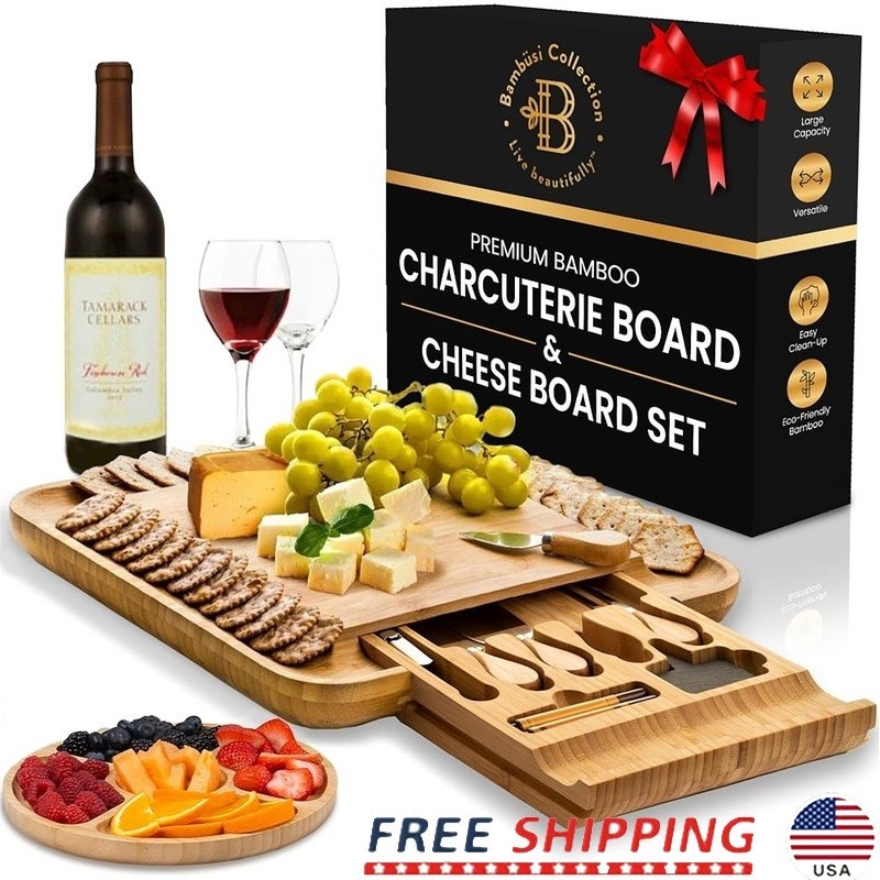 Charcuterie Board Set Bamboo Cheese Board Hidden Drawer Wine Utensils Labels New
