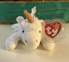 1993 Ty Beanie Babies Mystic Unicorn Retired Original White Style 4007 tan horn