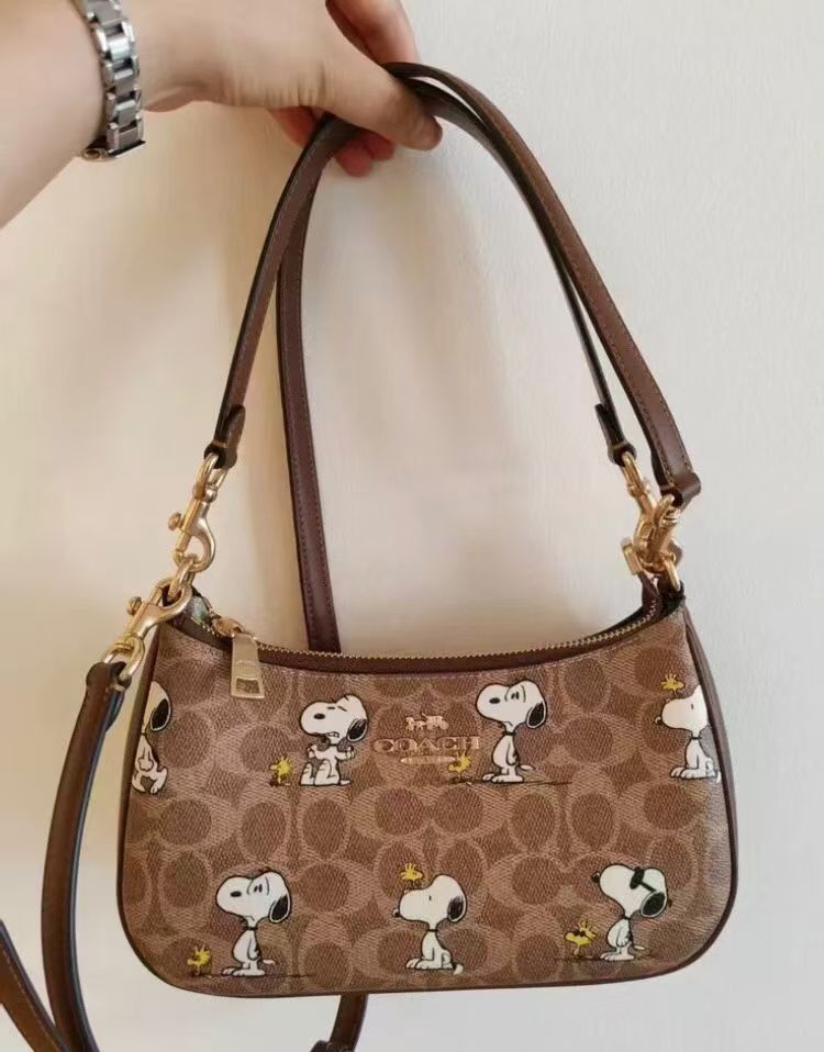 COACH x PEANUTS Teri Shoulder Bag Tan Brown Snoopy Print Signature Canvas CBJ88
