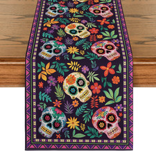 Mexican Sugar Skull Dia De Los Muertos Table Runner, Day of the Dead Altar Kitch