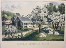 Vintage Reprint Currier & Ives American Homestead Spring Hand Colored Lithograph