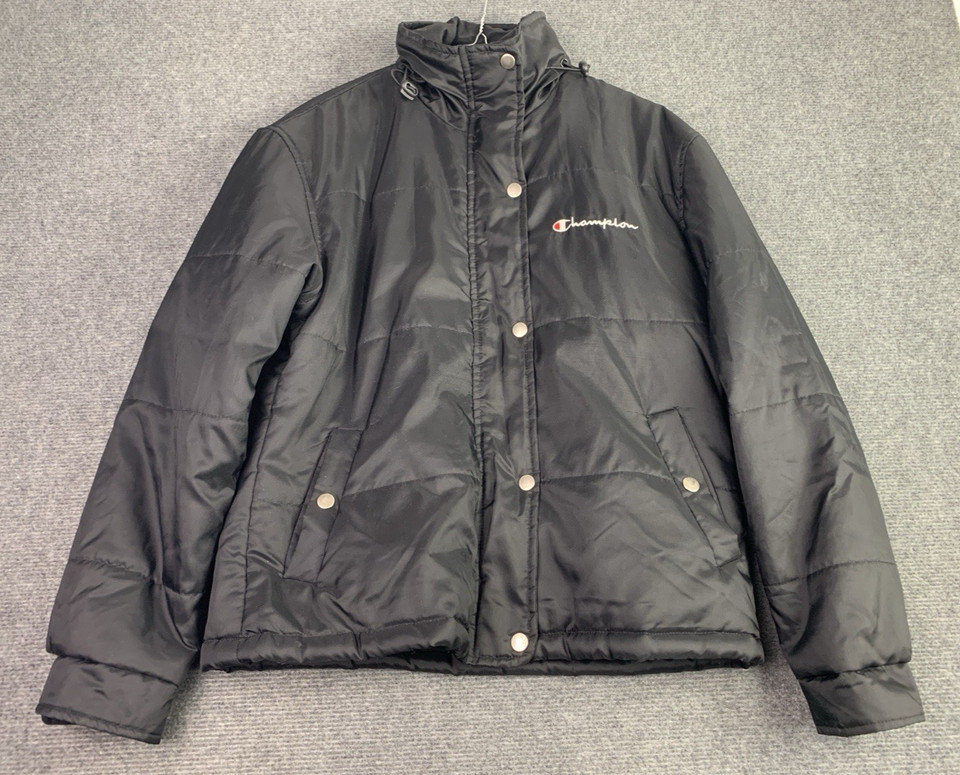 Champion Puffer Jacket Women's MEDIUM Black Button Warm Winter