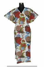 Indian White Long Fruit Print Cotton Hippie Maxi Women Nightwear Caftan Dress