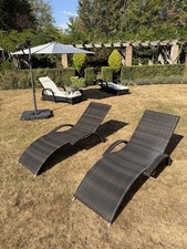 Pair of Rattan Sun Loungers – Brown Outdoor Furniture Garden Or Pool
