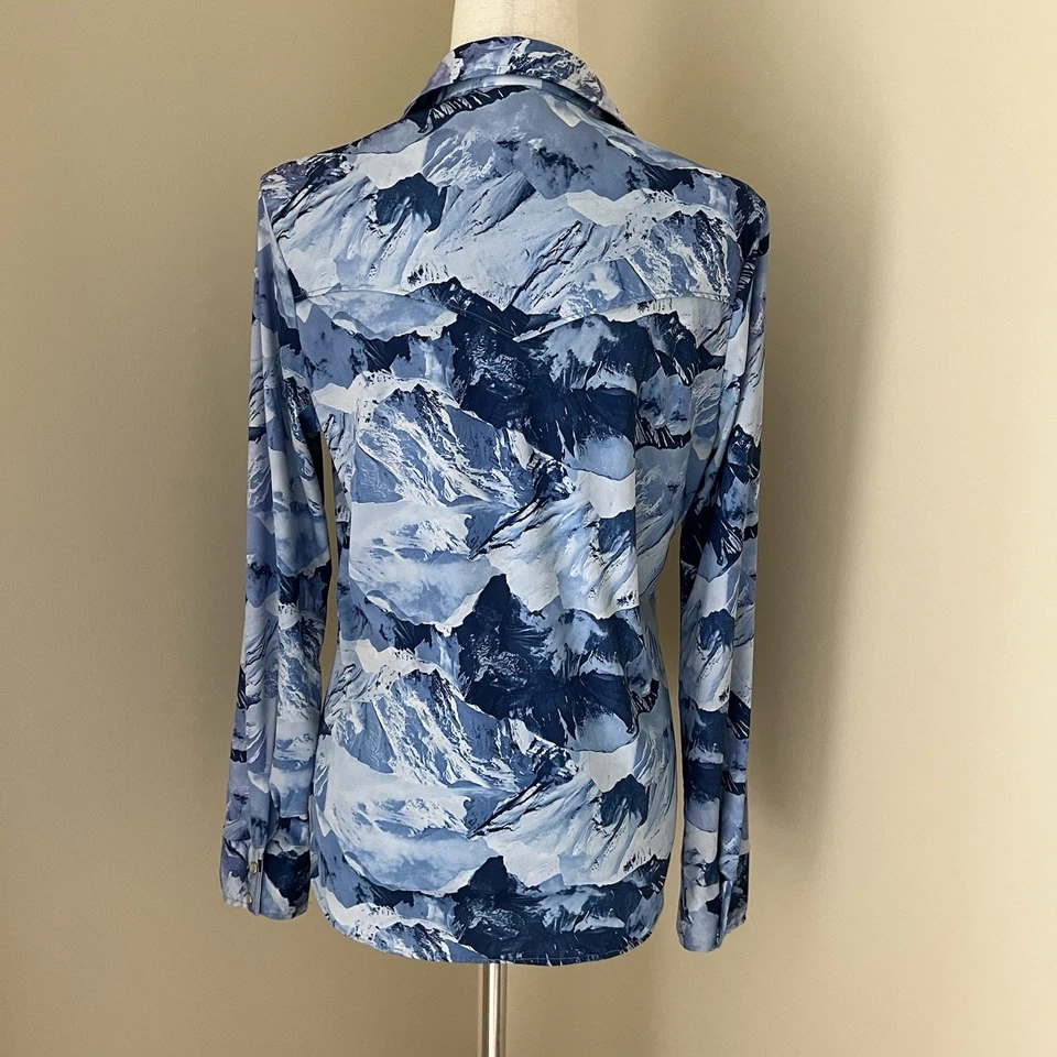 Camisa feminina vintage anos 70 Prior Western pérola encaixe azul montanhas gola adaga - Imagem 4 de 4