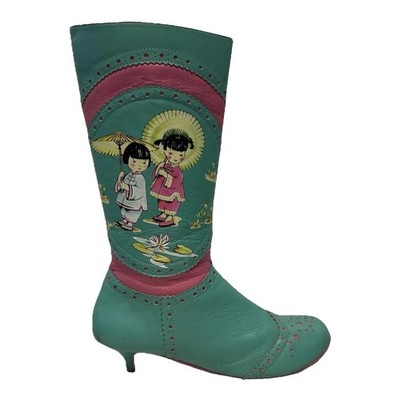 Irregular Choice Whimsical Mint Pink Storybook Asian Scene Kitten Heel Boots 7