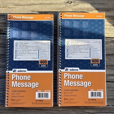Adams Phone Message Book, Carbonless Duplicate, 5.50 x 11 , 2 Books of 400 New!