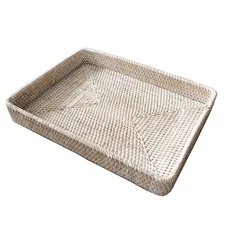 17" White Washed Rattan Woven Large Serving Tray Platter for Ottoman,White Re...