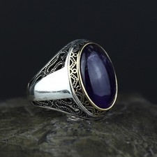 925 Men Purple Amethyst Silver Turkish Handmade Engraved Amethyst Ring