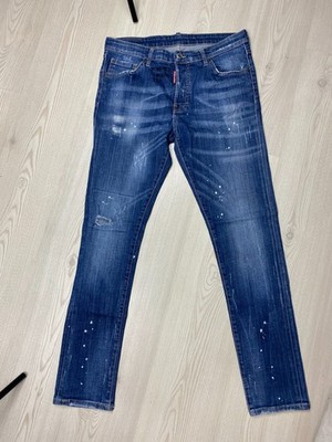 Men s Dsquared2 Blue Slim Fit Distressed Jeans with Paint Splatter Denim
