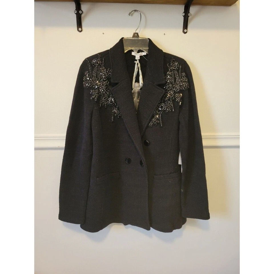 New 00 Xs black Chicos beaded shoulder long sleeve heavy thick knit blazer jewel - Image 3 of 4