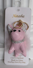 NATASHA French Bulldog w/ Crystal Rhinestone Faux Fur Key Ring  Bag Charm NEW
