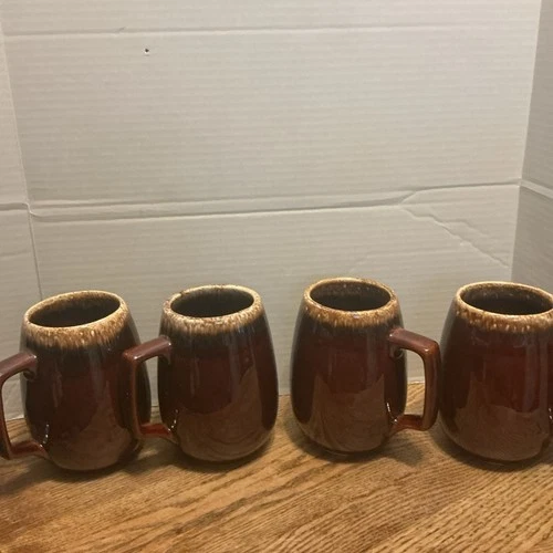 Vintage Hull XTall Coffee Mug/ Stein Chocolate Brown Drip Pottery 4 PCs 6.5”