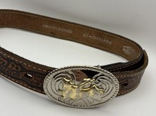 Nocona Belt Co Tooled Leather Western Youth Kids Belt  Buckle Size 22 Cowboy