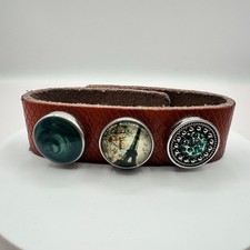 Vintage 90s Brown Leather Cuff Bracelet Paris Eiffel Tower Green Glass Cabochon
