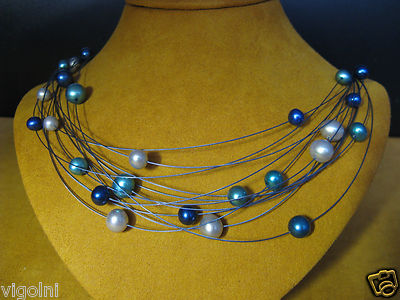 PERLENKETTE STRANG SCHNUR BLAU MOND WEISS DRAHT HONORA Boho Lagenlook