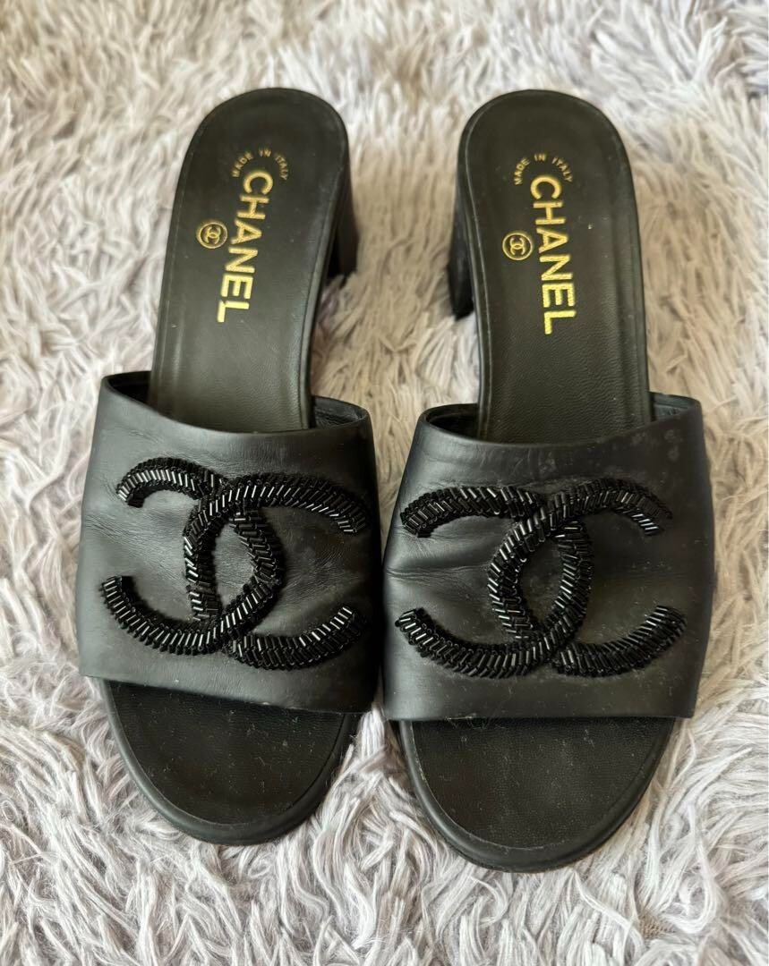 CHANEL COCO MARK Heel Sandals Mules Pumps Shoes Women Size EU 39