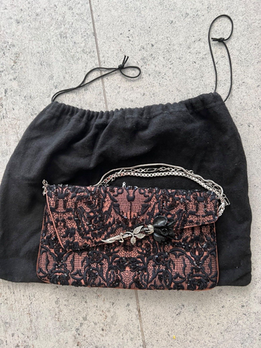 Mini Borsa a Spalla Cesare Paciotti Seta Nera Ricamata Catene Perline - Foto 2 di 12