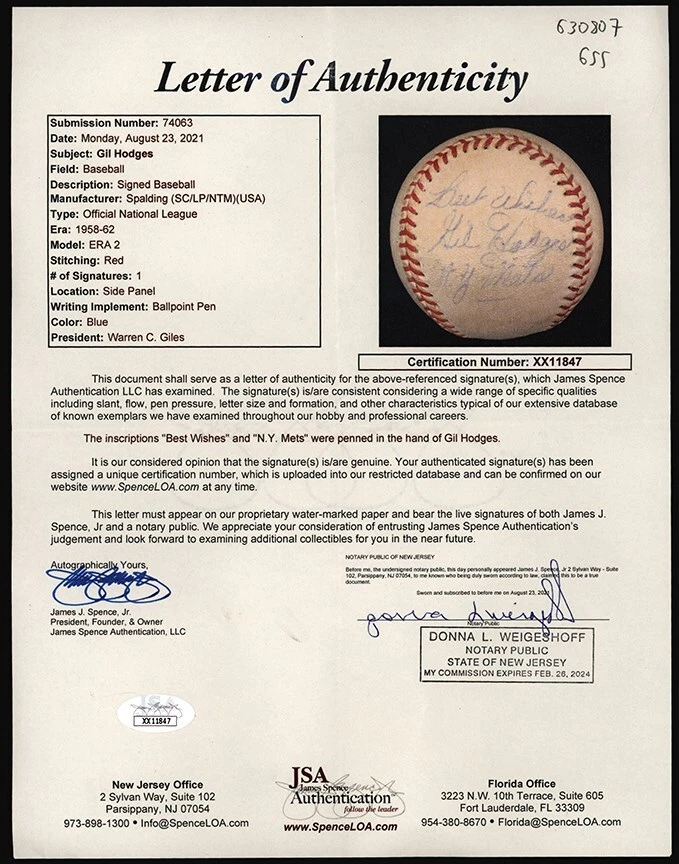 Gil Hodges Single Signed 1950's Official National League Baseball JSA COA - Image 3 of 4