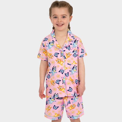 Bluey Schlafanzug | Mädchen Kurzarm Pyjama Set | Bluey und Bingo Knopfleiste Schlafanzug