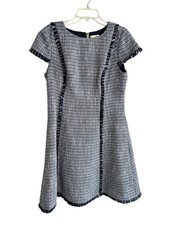 Eliza J Dress Women's Sz 12 Navy Blue White Tweed Fit And Flare Fringe, Pockets