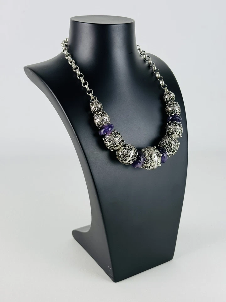 Girocollo Tibetano Collana In Argento E Pietra Ametista Gioiello Tibet XX Sec. - Immagine 2 di 4