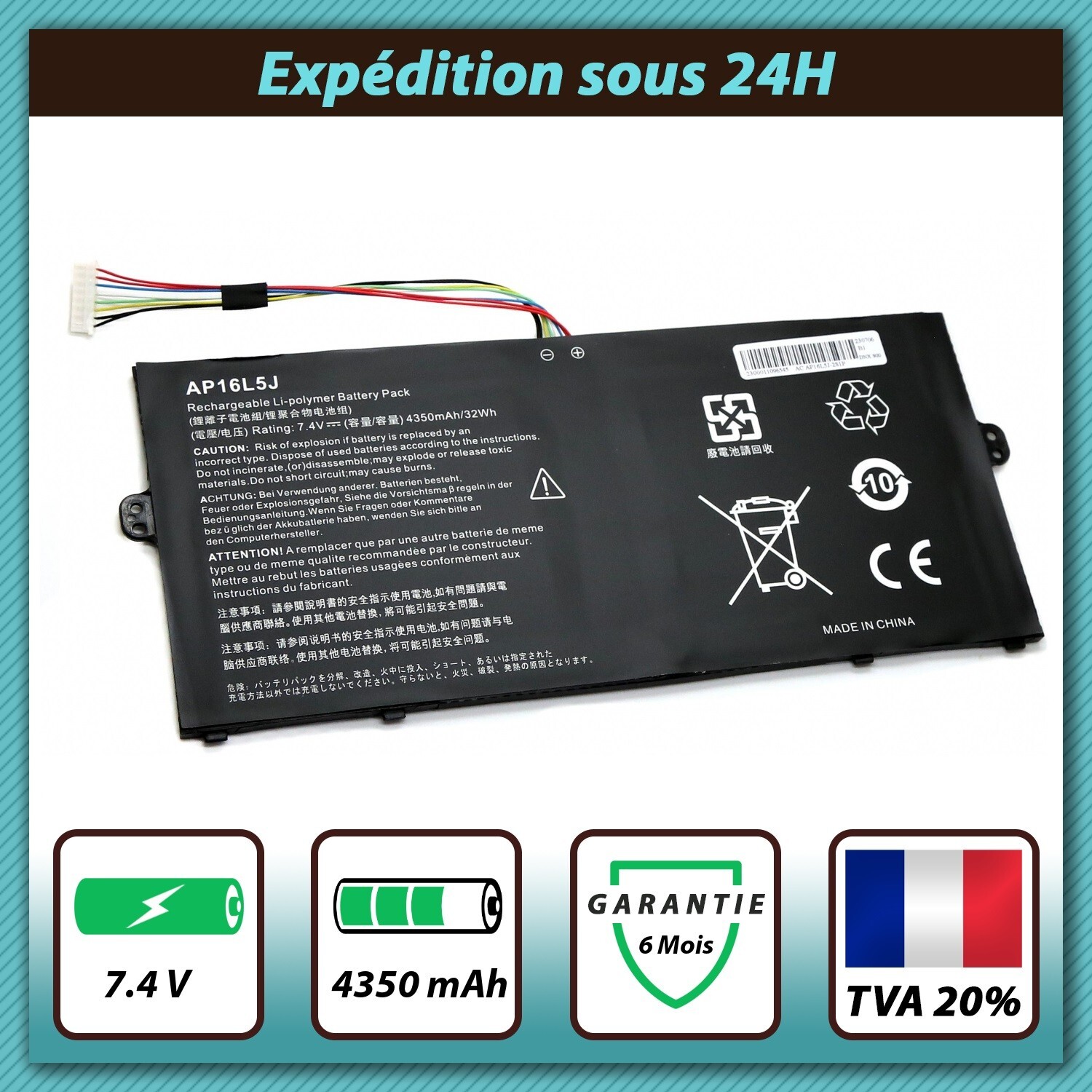 Batterie pour Acer Swift 5 SF514-52TP AP16L5J de 7.4V 4350mAh en lithium-ion