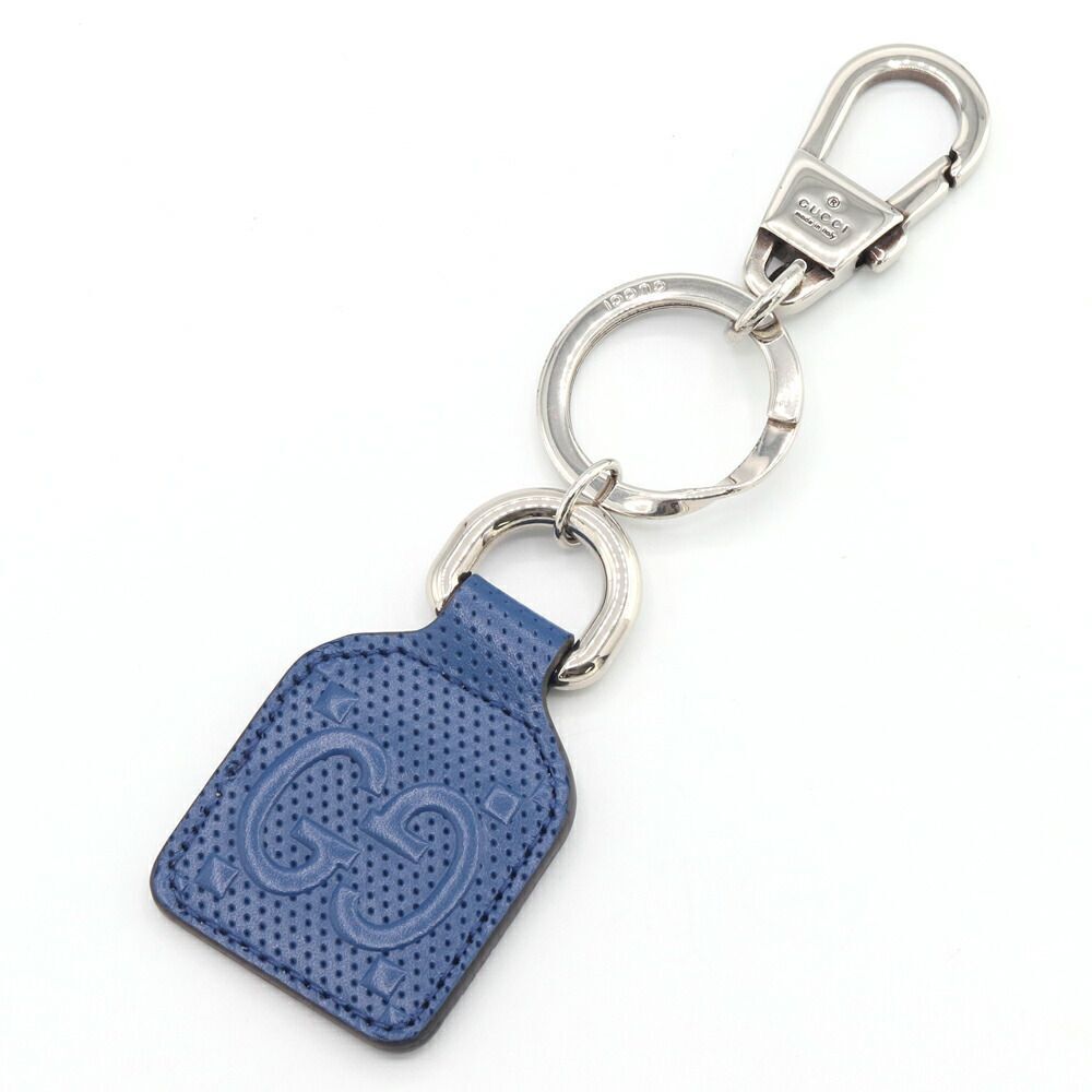 Gucci key ring GG embossed 624607 blue leather used key ring Gucci key ring GG embossed 624607 blue leather used key ring