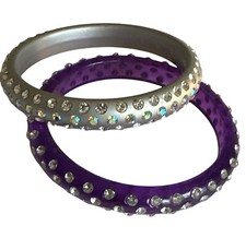 Bling Purple Silver 3 Row Rhinestone Acrylic Bangles Set of Two Fashion Jewelry