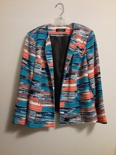 KASPER Womens 16W Coral Turquoise Open Front Lined Jacket Blazer Career Formal