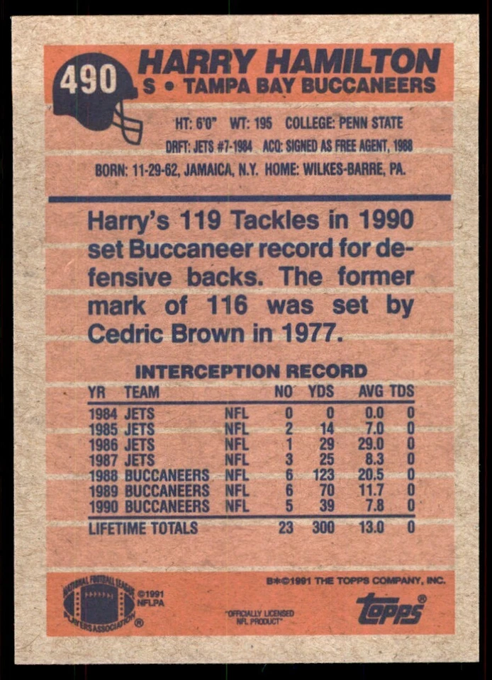 1991 Topps Harry Hamilton Tampa Bay Buccaneers #490 - Image 2 of 2
