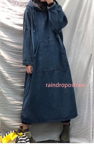 Herbst Retro Kleid Damen Vintage locker Denim Kapuze Langarm Freizeitkleid - Bild 11 von 12