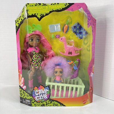 CAVE CLUB Wild About Babysitting Doll FERNESSA & FURRAH With Crib & Dinosaur NIB