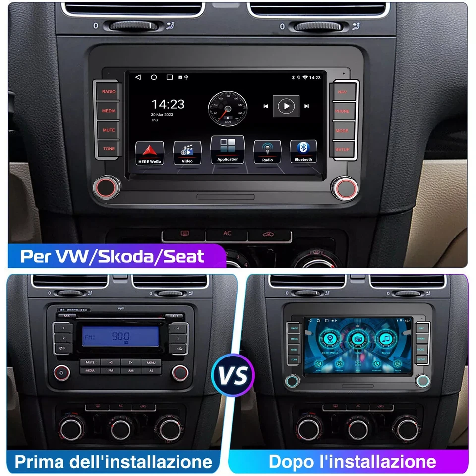 AUTORADIO 2+32GB ANDROID CARPLAY GPS WIFI E RETROCAMERA VW GOLF 5 6 POLO PASSAT - Immagine 4 di 4
