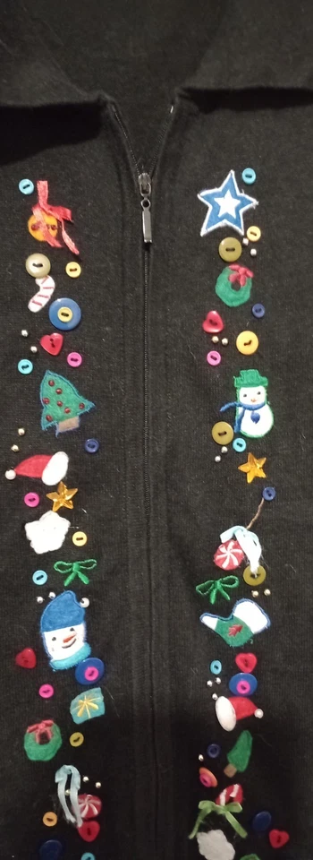 Cardigã feminino de Natal bordado de malha sem mangas com zíper preto pequeno M festivo - Imagem 3 de 4