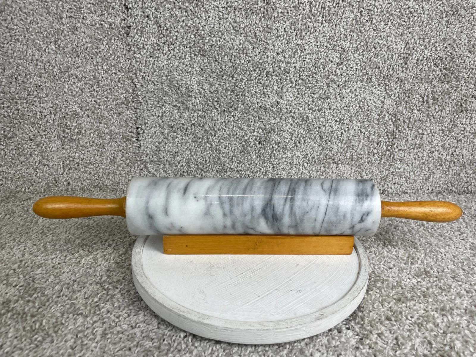 18" Marble Rolling Pin Wood Handles w/ Base Stand Cradle Holder Gray