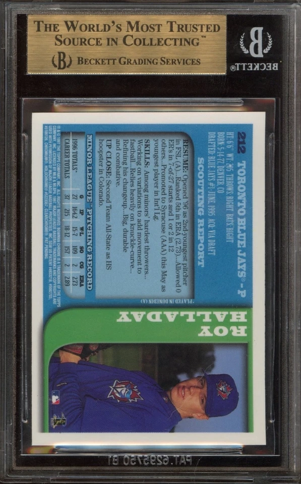 Bowman Chrome Roy Halladay #212 1997 - Salón de la fama Rookie RC - BGS 9,5 gema como nuevo Foto 2 de 2
