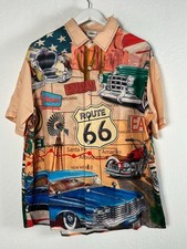 Route 66 Vintage Mens Car Print Button Down Short Sleeve Shirt Large Retro