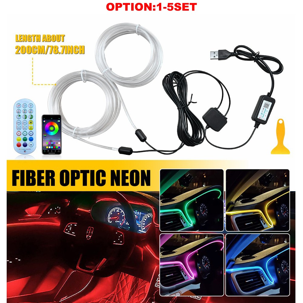 RGB LED Car Interior Fiber Optic Neon EL Wire Strip Atmosphere Light Kit APP 4M
