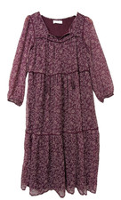 Lucky Brand Midi Dress Womens M Burgundy Floral Tiered Western Cottage Boho