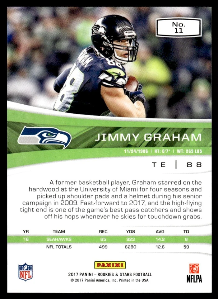 2017 PANINI ROOKIES & STARS TRUE BLUE JIMMY GRAHAM 02/49 SEATTLE SEAHAWKS #11 - Image 2 of 2