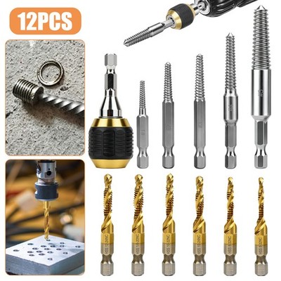12x Broken Screw Extractor Kit&Tap Drill Bit Metric Thread Screws 1/4'' Hex Shank