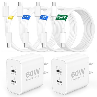 60W USB Fast Charger for iPhone 17 16 15, 2 Pack 60W Dual Port Charger Super ...