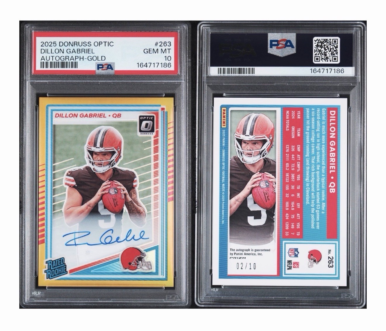 Panini 2025 Donruss Optic Dillon Gabriel Browns Gold Prizm Auto /10 #263 PSA 10 view 3