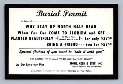 Vintage Florida Postcard NEW PORT RICHEY Stone Cold Stiff Permit