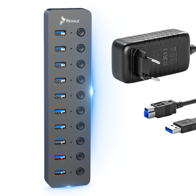 REAGLE USB 3.2 HUB 10-Port Splitter Adapter mit Aktiv Netzteil Verteiler für PC