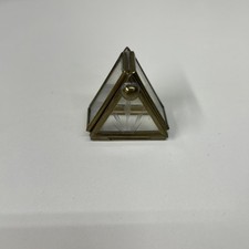 Vtg Triangle Brass Etched Flower Glass Dome Trinket Box Hinged Lid