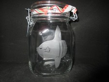 NEW ETCHED OCEAN SUNFISH GLASS MASON COOKIE STORAGE JAR CANISTER