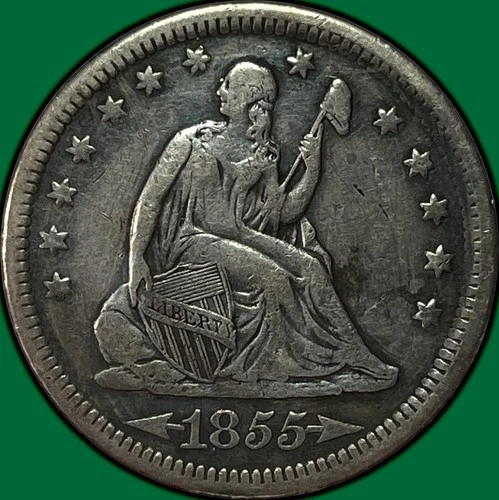 1855 Seated Liberty Quarter Choice Very Fine VF+ Coin, Faint Cleaning #33983